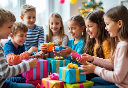 Farverigt billede af gaver til en 12-årig, inklusiv legetøj og gadgets, uden tekst.